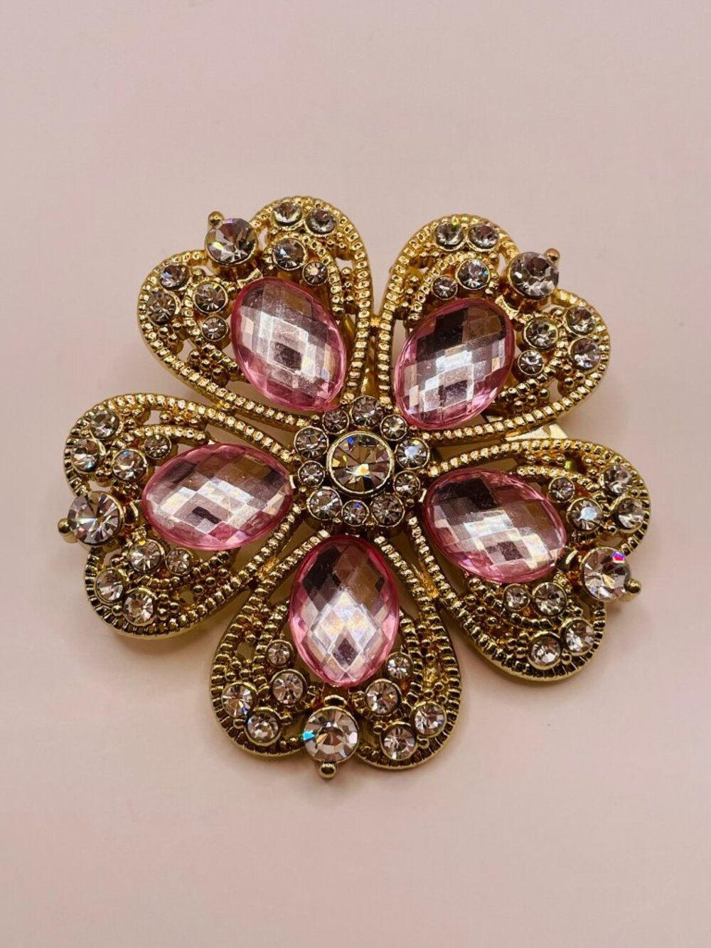 Gold & Pink Rhinestone Flower Hair Clip Brooch Pin -6B